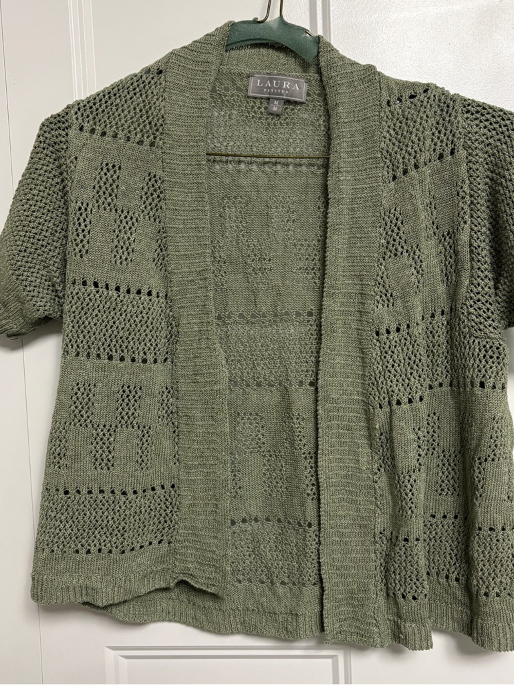 Laura Petites Green Open-Front Knit Short Sleeve Cardigan Sweater Size Medium